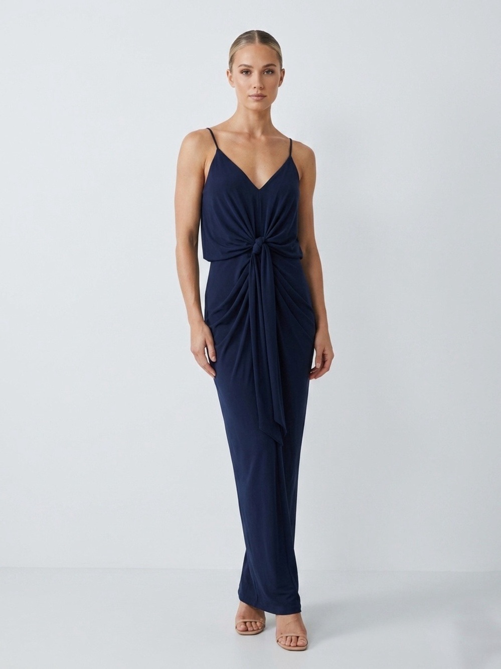 093 MISA Los Angeles Womenโs Domino V-Neck Knot Front Maxi Dress - Blue, Medium